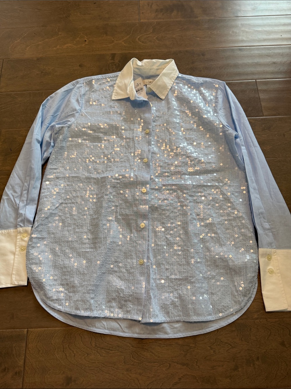 LOFT Light Blue Sequin Button-Down Shirt with White Collar